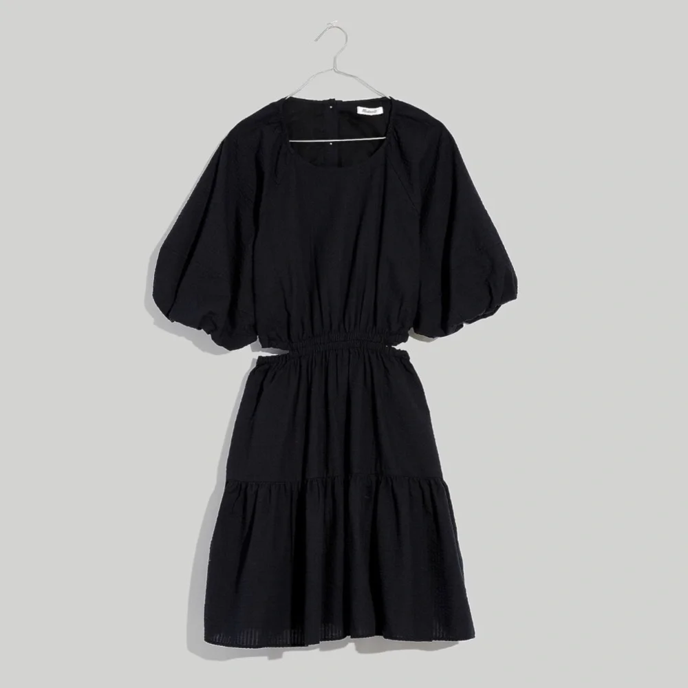 NWT Madewell Seersucker Puff-Sleeve Cutout Mini Dress in Black - Picture 3 of 10